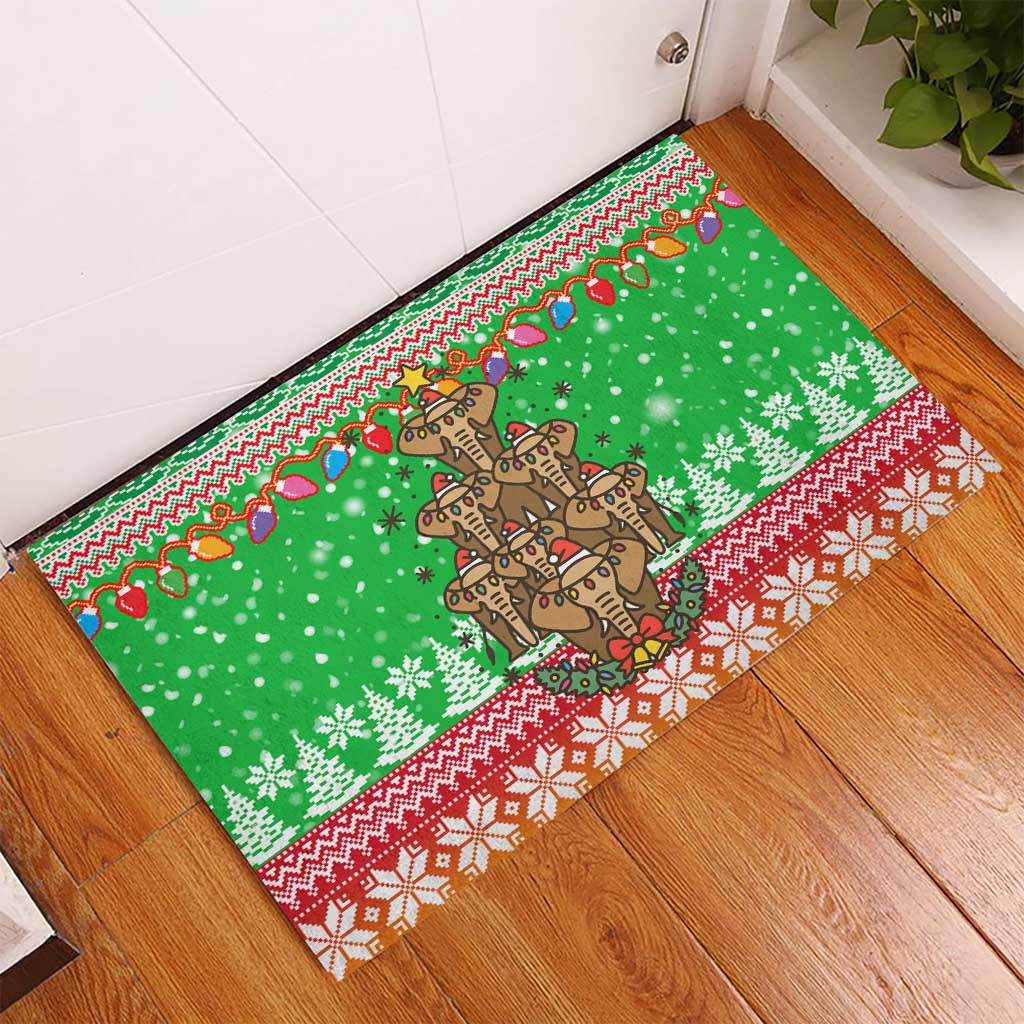 Mali Christmas Rubber Doormat with Cartoon Elephant Pyramid Snowflakes and Holiday Lights - Wonder Print Shop