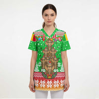 Mali Christmas Scrub Top with Cartoon Elephant Pyramid Snowflakes and Holiday Lights - Wonder Print Shop