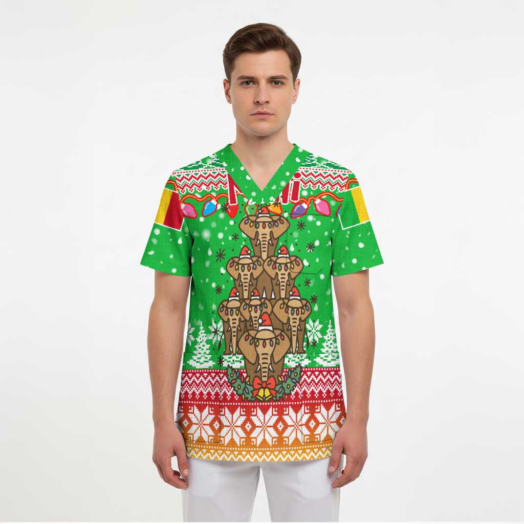 Mali Christmas Scrub Top with Cartoon Elephant Pyramid Snowflakes and Holiday Lights - Wonder Print Shop
