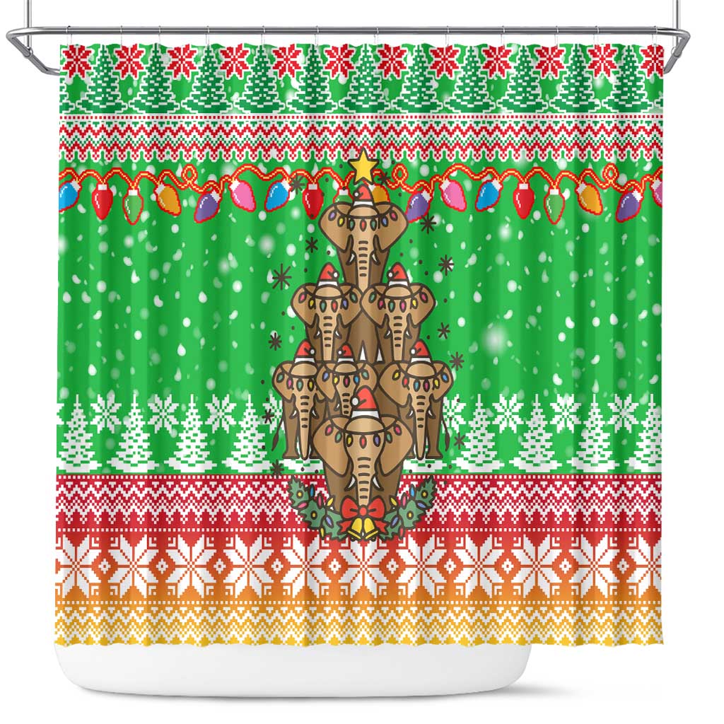 Mali Christmas Shower Curtain with Cartoon Elephant Pyramid Snowflakes and Holiday Lights - Wonder Print Shop