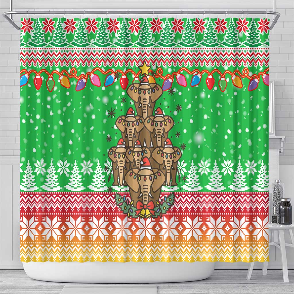 Mali Christmas Shower Curtain with Cartoon Elephant Pyramid Snowflakes and Holiday Lights - Wonder Print Shop