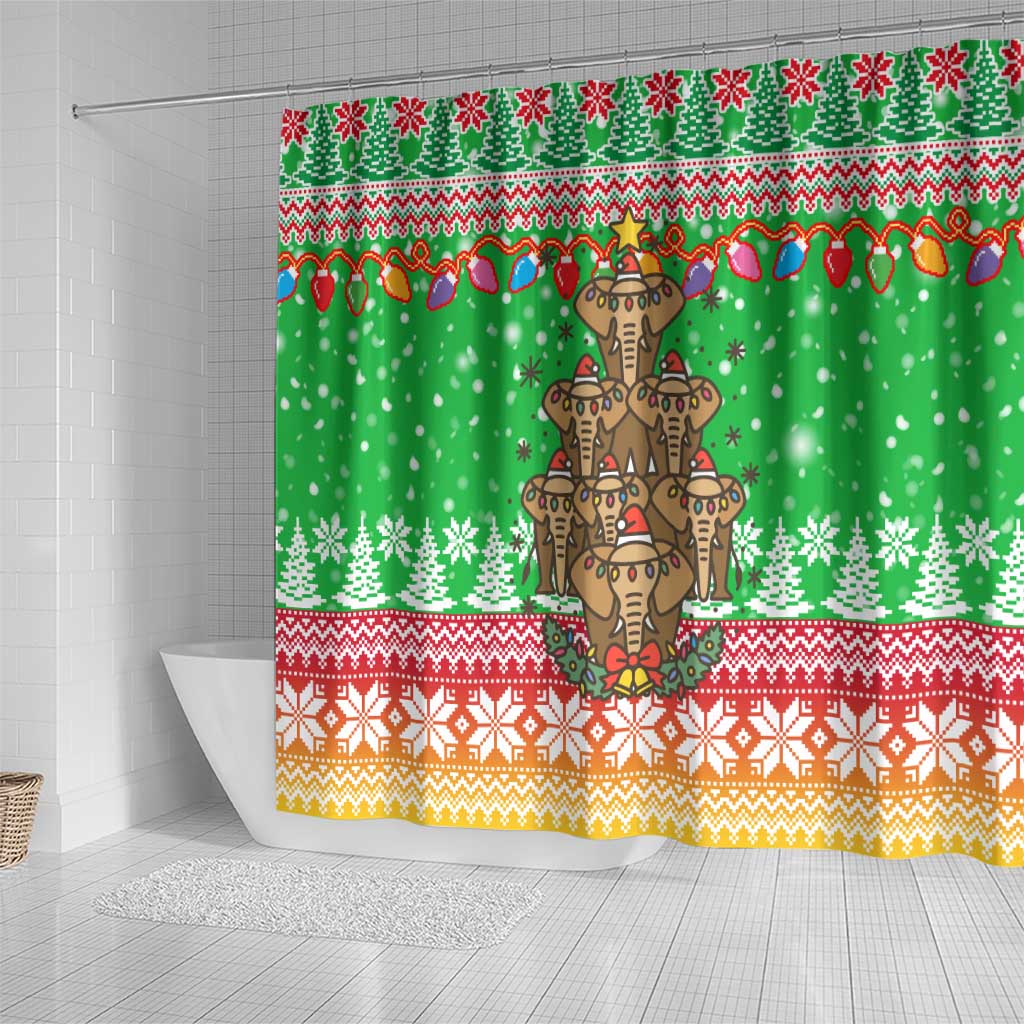 Mali Christmas Shower Curtain with Cartoon Elephant Pyramid Snowflakes and Holiday Lights - Wonder Print Shop