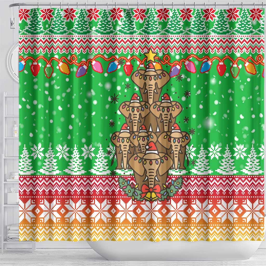 Mali Christmas Shower Curtain with Cartoon Elephant Pyramid Snowflakes and Holiday Lights - Wonder Print Shop