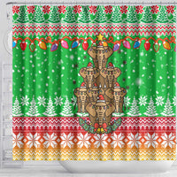 Mali Christmas Shower Curtain with Cartoon Elephant Pyramid Snowflakes and Holiday Lights - Wonder Print Shop