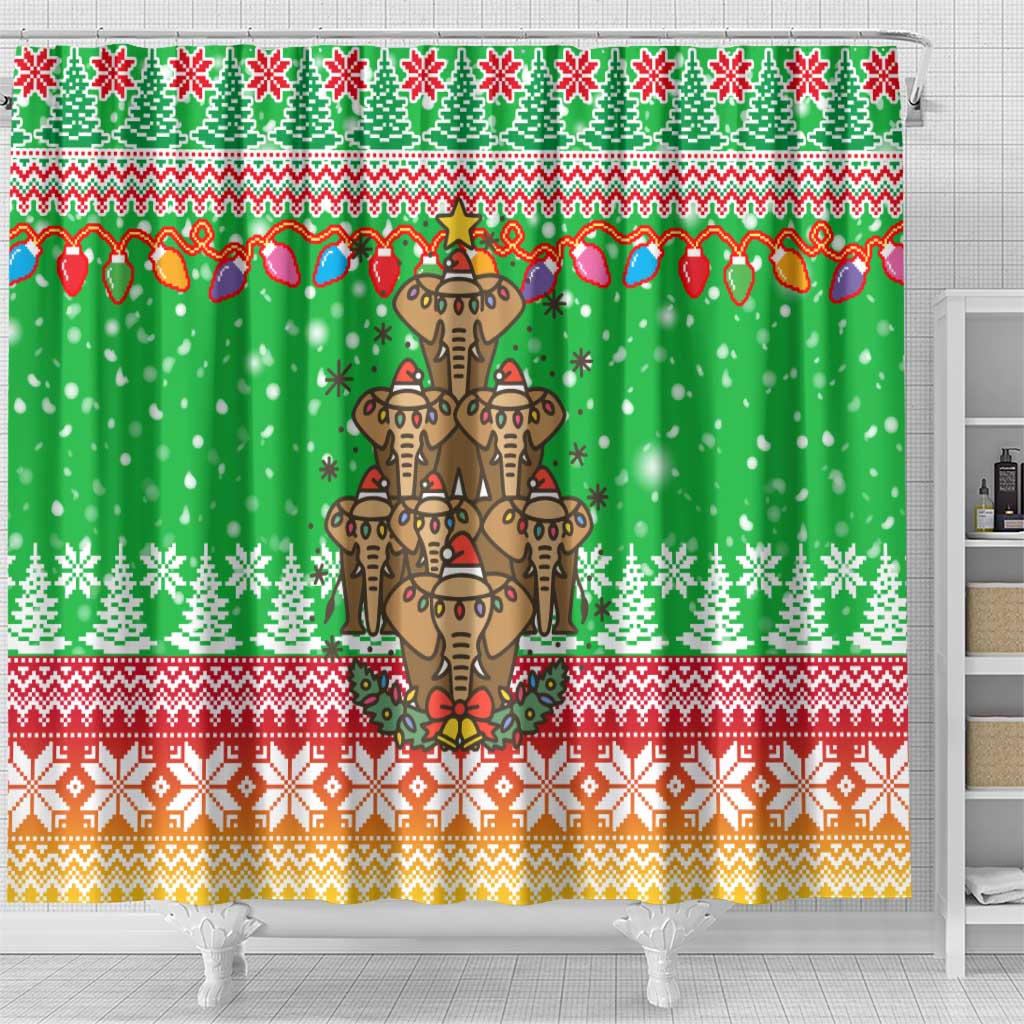 Mali Christmas Shower Curtain with Cartoon Elephant Pyramid Snowflakes and Holiday Lights - Wonder Print Shop