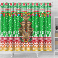 Mali Christmas Shower Curtain with Cartoon Elephant Pyramid Snowflakes and Holiday Lights - Wonder Print Shop