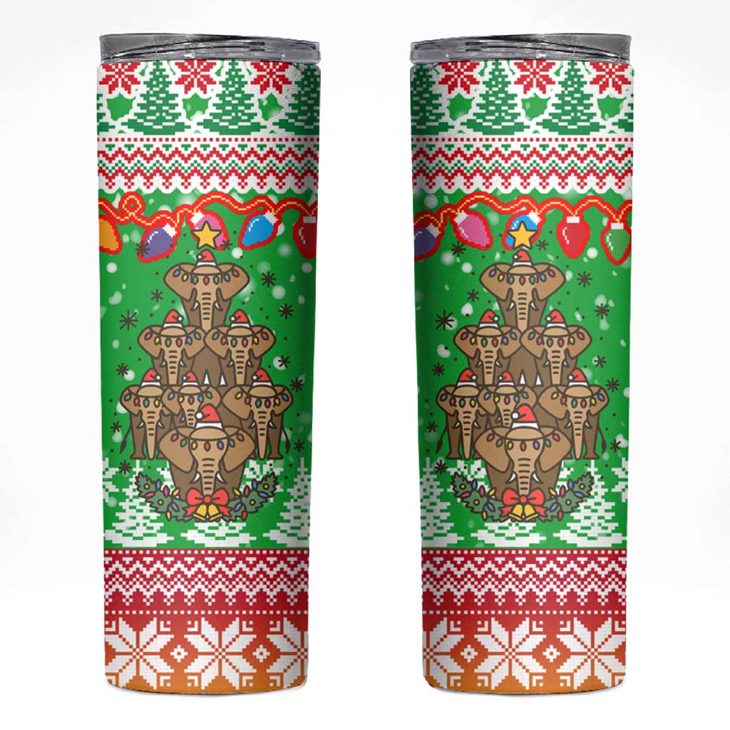 Mali Christmas Skinny Tumbler with Cartoon Elephant Pyramid Snowflakes and Holiday Lights - Wonder Print Shop