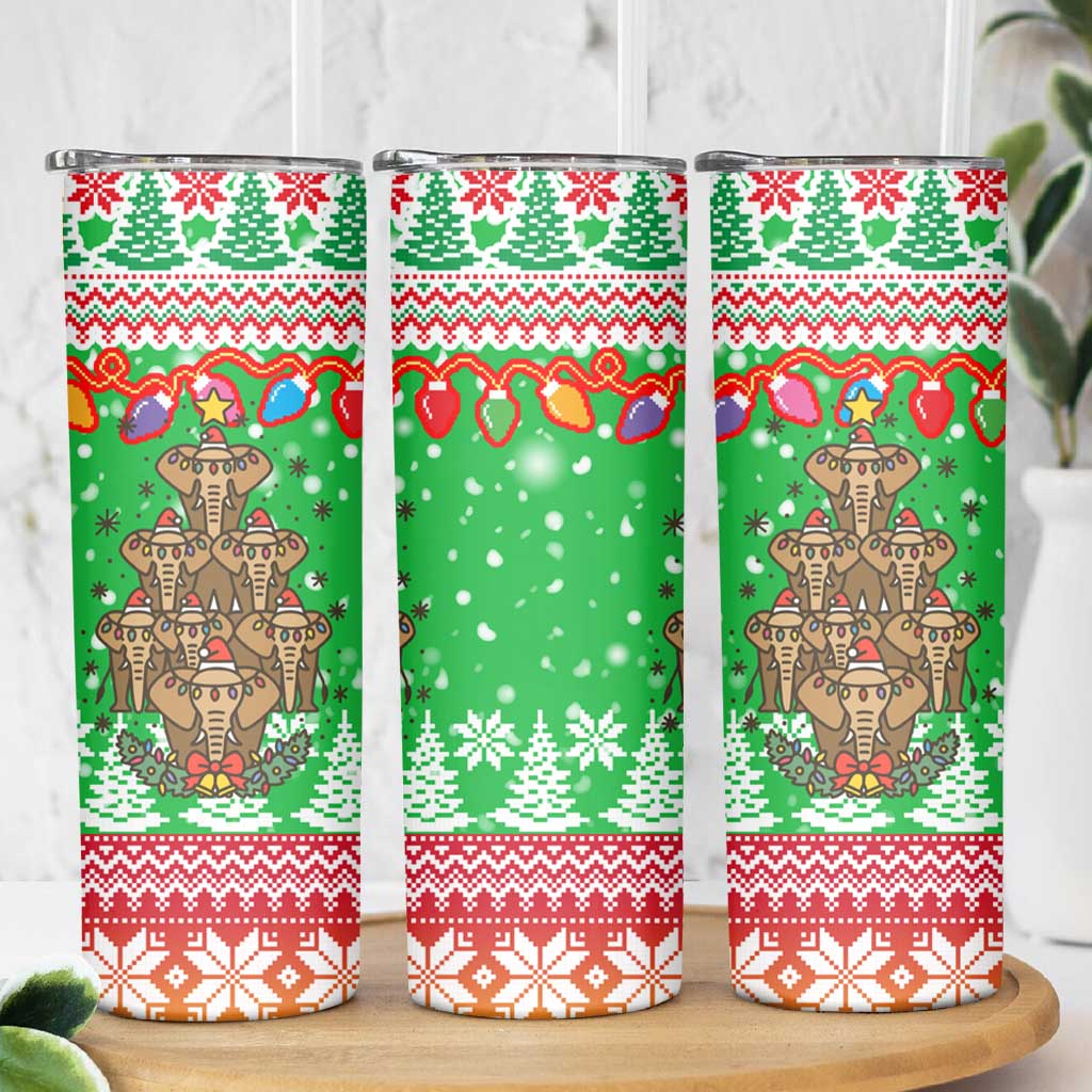 Mali Christmas Skinny Tumbler with Cartoon Elephant Pyramid Snowflakes and Holiday Lights - Wonder Print Shop