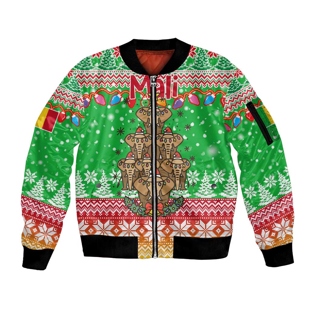 Mali Christmas Sleeve Zip Bomber Jacket with Cartoon Elephant Pyramid Snowflakes and Holiday Lights - Wonder Print Shop