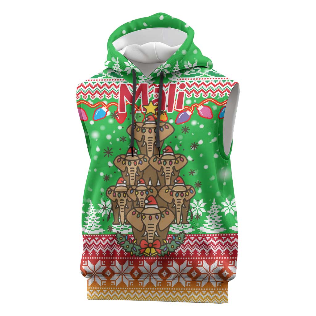 Mali Christmas Sleeveless Hoodie with Cartoon Elephant Pyramid Snowflakes and Holiday Lights - Wonder Print Shop