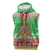 Mali Christmas Sleeveless Hoodie with Cartoon Elephant Pyramid Snowflakes and Holiday Lights - Wonder Print Shop