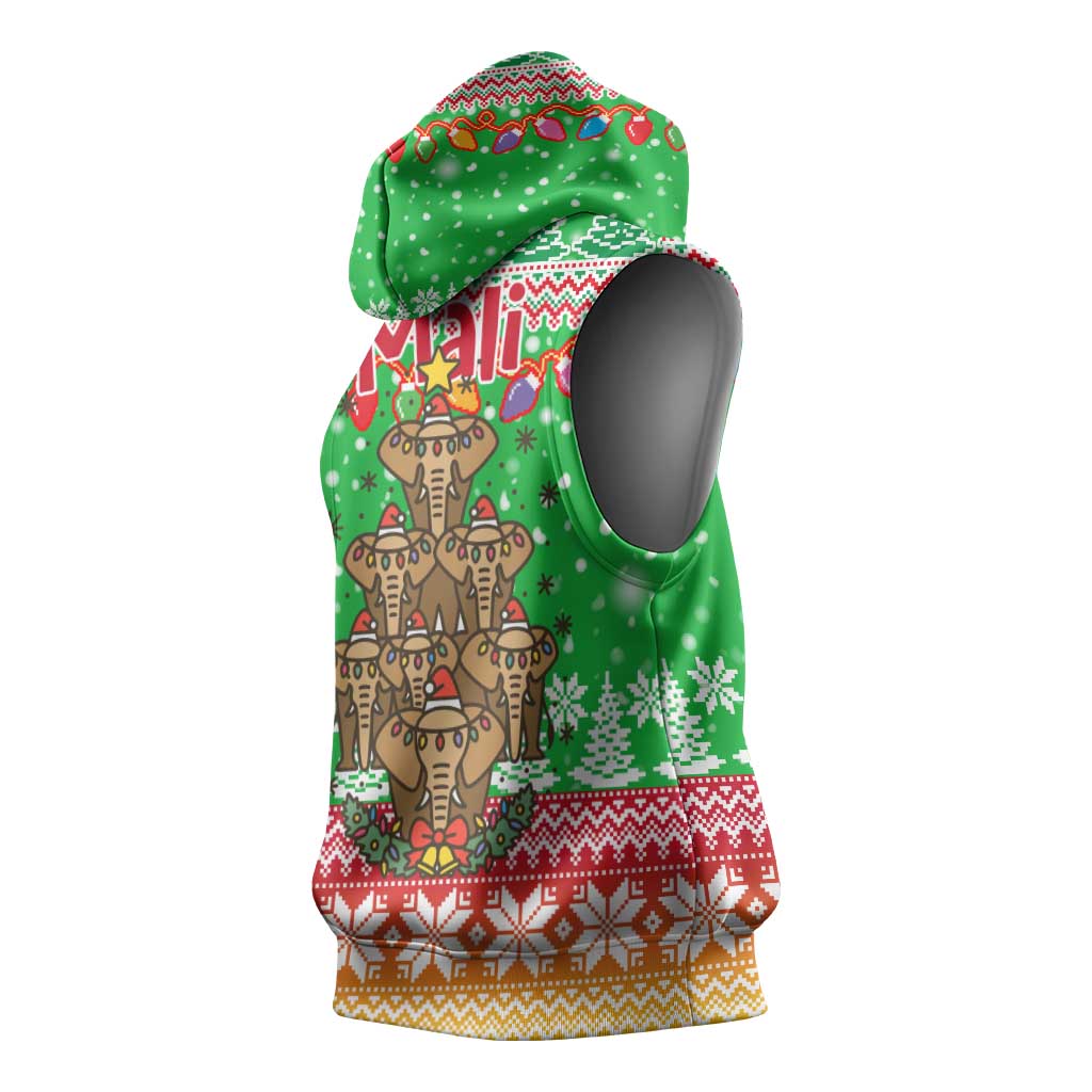 Mali Christmas Sleeveless Hoodie with Cartoon Elephant Pyramid Snowflakes and Holiday Lights - Wonder Print Shop