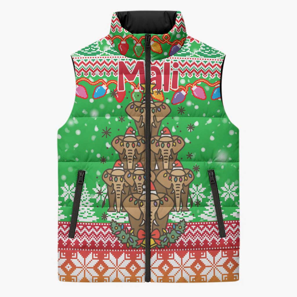 Mali Christmas Sleeveless Puffer Jacket with Cartoon Elephant Pyramid Snowflakes and Holiday Lights - Wonder Print Shop