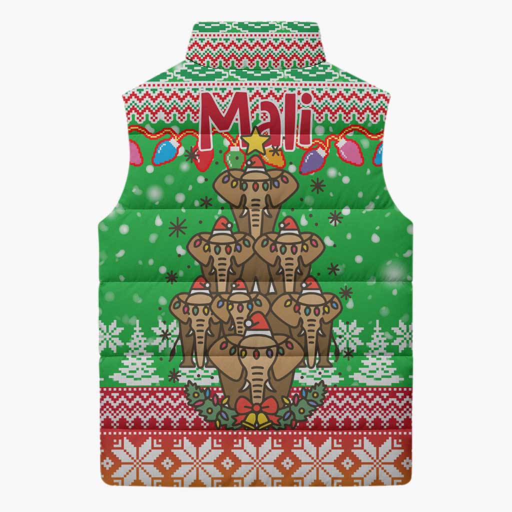 Mali Christmas Sleeveless Puffer Jacket with Cartoon Elephant Pyramid Snowflakes and Holiday Lights - Wonder Print Shop