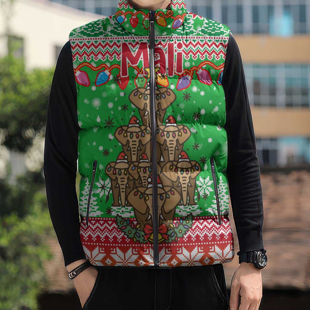 Mali Christmas Sleeveless Puffer Jacket with Cartoon Elephant Pyramid Snowflakes and Holiday Lights - Wonder Print Shop
