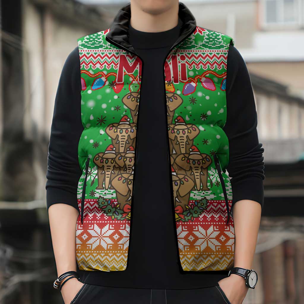 Mali Christmas Sleeveless Puffer Jacket with Cartoon Elephant Pyramid Snowflakes and Holiday Lights - Wonder Print Shop