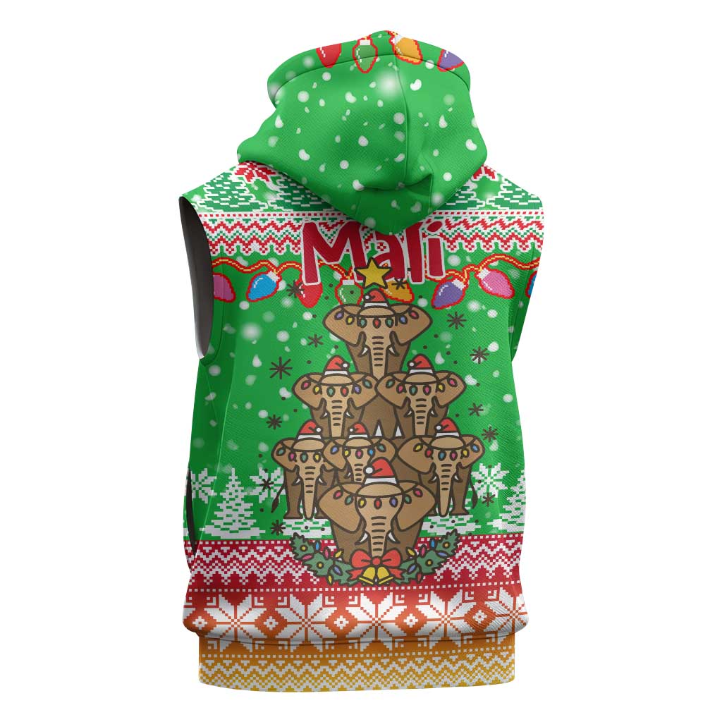 Mali Christmas Sleeveless Zip Hoodie with Cartoon Elephant Pyramid Snowflakes and Holiday Lights - Wonder Print Shop