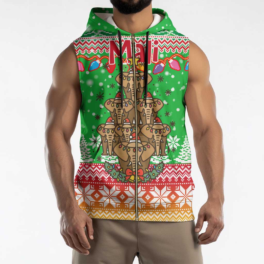 Mali Christmas Sleeveless Zip Hoodie with Cartoon Elephant Pyramid Snowflakes and Holiday Lights - Wonder Print Shop