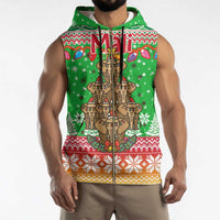 Mali Christmas Sleeveless Zip Hoodie with Cartoon Elephant Pyramid Snowflakes and Holiday Lights - Wonder Print Shop