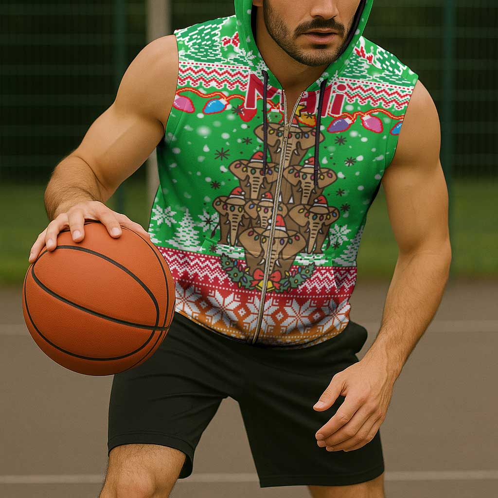 Mali Christmas Sleeveless Zip Hoodie with Cartoon Elephant Pyramid Snowflakes and Holiday Lights - Wonder Print Shop