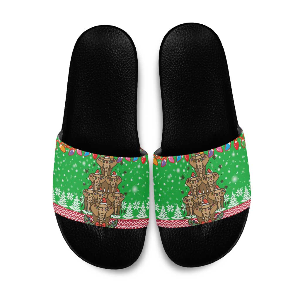 Mali Christmas Slide Sandals with Cartoon Elephant Pyramid Snowflakes and Holiday Lights - Wonder Print Shop