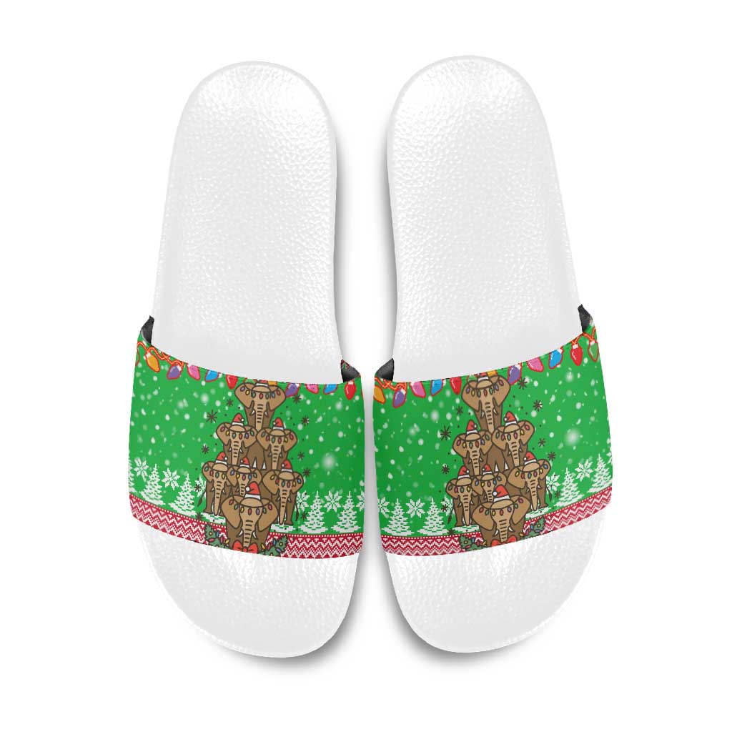 Mali Christmas Slide Sandals with Cartoon Elephant Pyramid Snowflakes and Holiday Lights - Wonder Print Shop
