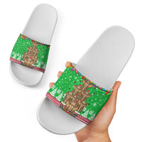 Mali Christmas Slide Sandals with Cartoon Elephant Pyramid Snowflakes and Holiday Lights - Wonder Print Shop