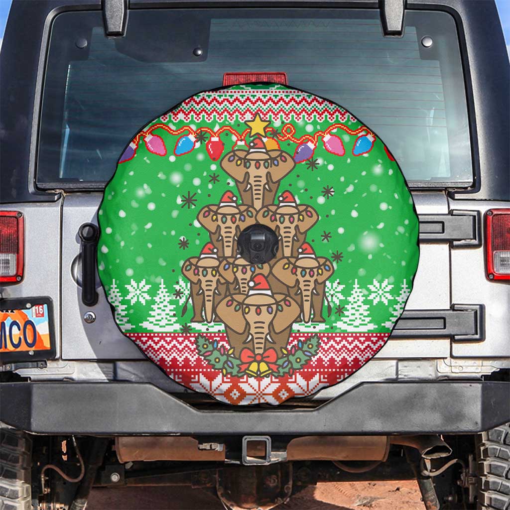 Mali Christmas Spare Tire Cover with Cartoon Elephant Pyramid Snowflakes and Holiday Lights - Wonder Print Shop
