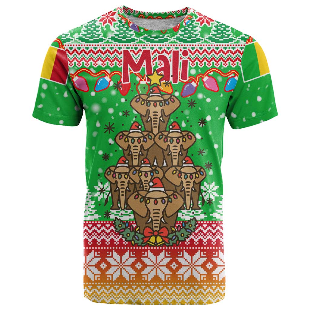Mali Christmas T Shirt with Cartoon Elephant Pyramid Snowflakes and Holiday Lights - Wonder Print Shop