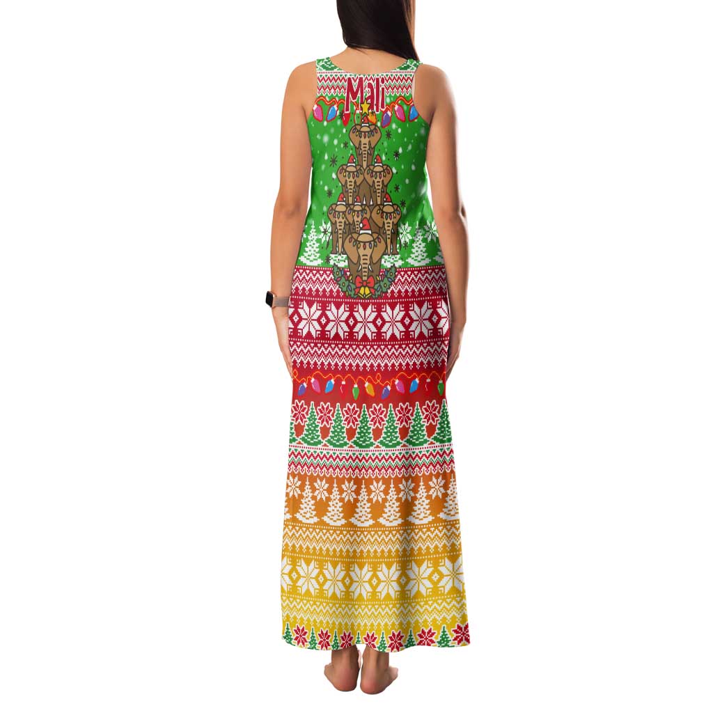 Mali Christmas Tank Maxi Dress with Cartoon Elephant Pyramid Snowflakes and Holiday Lights - Wonder Print Shop