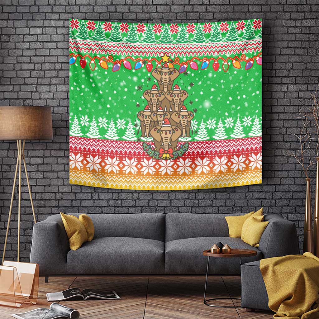 Mali Christmas Tapestry with Cartoon Elephant Pyramid Snowflakes and Holiday Lights - Wonder Print Shop
