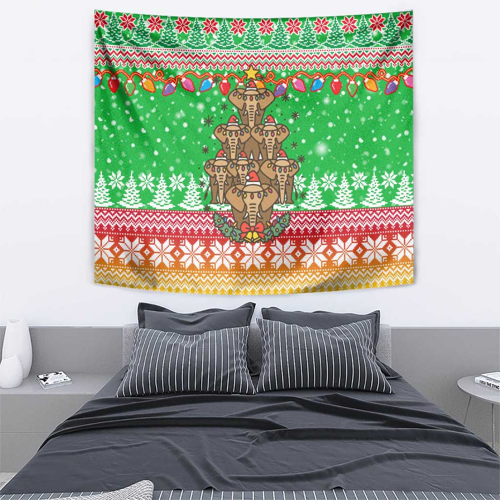 Mali Christmas Tapestry with Cartoon Elephant Pyramid Snowflakes and Holiday Lights - Wonder Print Shop