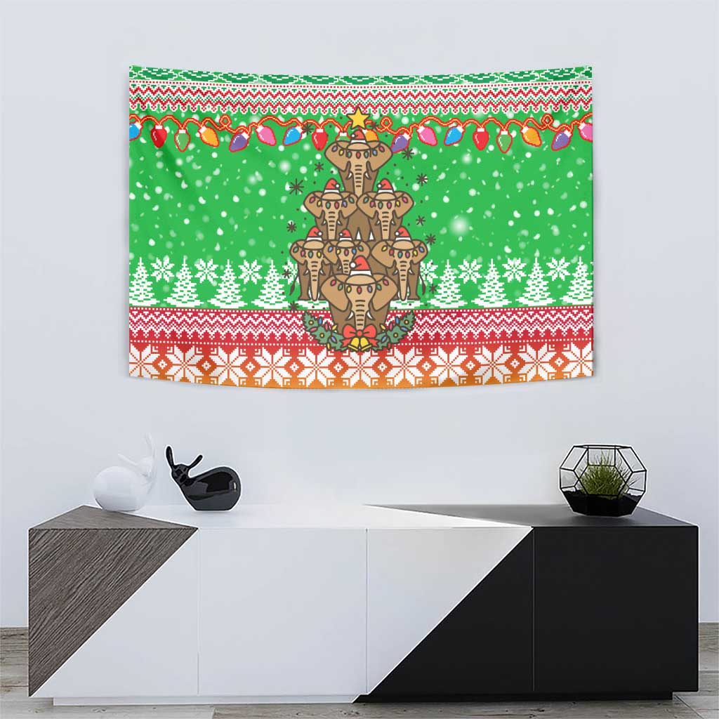 Mali Christmas Tapestry with Cartoon Elephant Pyramid Snowflakes and Holiday Lights - Wonder Print Shop