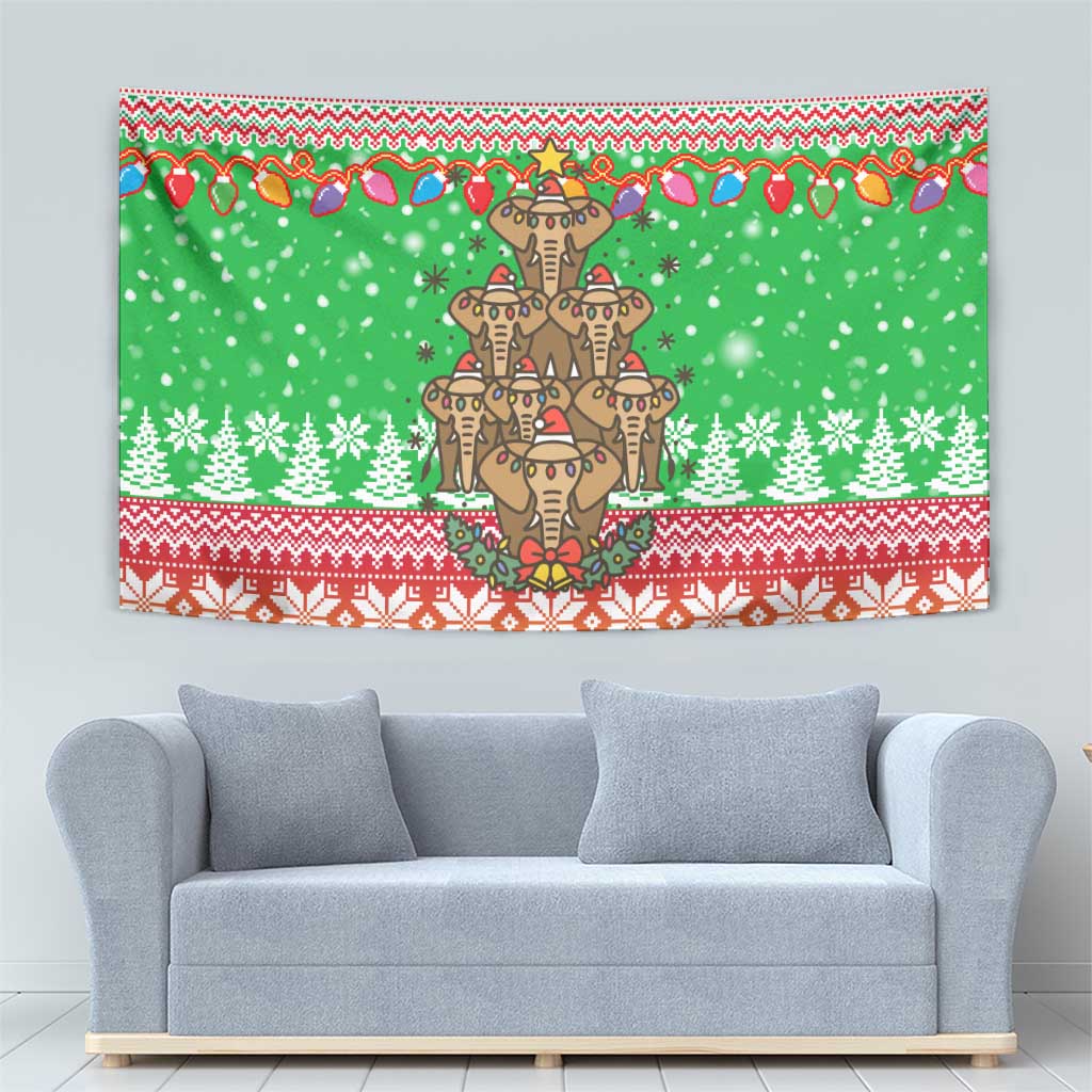 Mali Christmas Tapestry with Cartoon Elephant Pyramid Snowflakes and Holiday Lights - Wonder Print Shop
