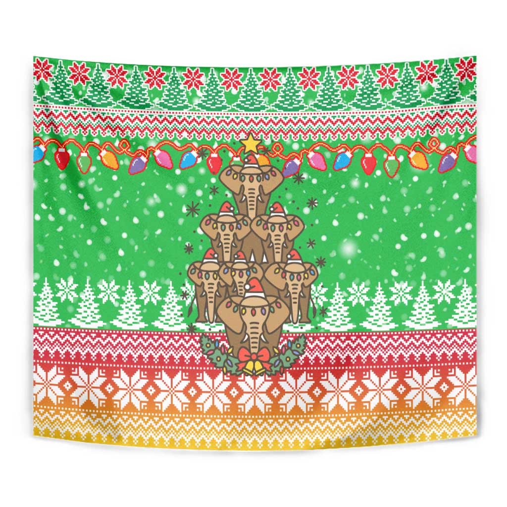 Mali Christmas Tapestry with Cartoon Elephant Pyramid Snowflakes and Holiday Lights - Wonder Print Shop