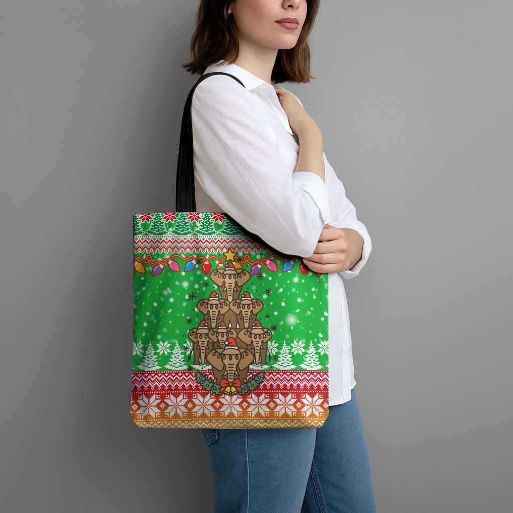 Mali Christmas Tote Bag with Cartoon Elephant Pyramid Snowflakes and Holiday Lights - Wonder Print Shop
