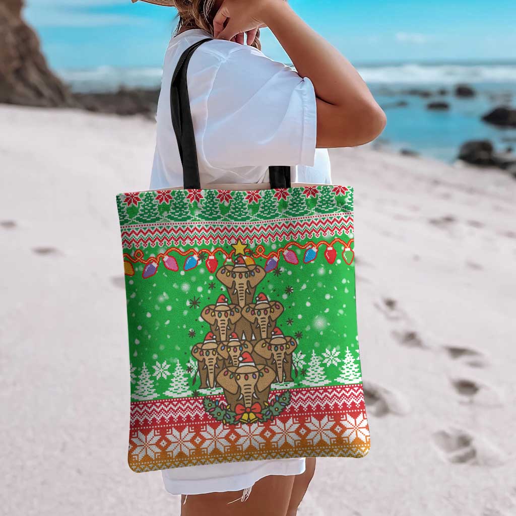 Mali Christmas Tote Bag with Cartoon Elephant Pyramid Snowflakes and Holiday Lights - Wonder Print Shop