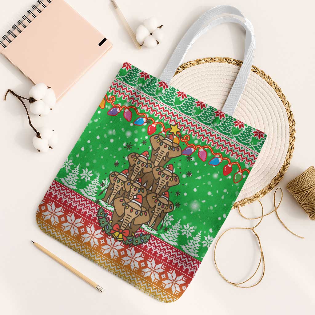 Mali Christmas Tote Bag with Cartoon Elephant Pyramid Snowflakes and Holiday Lights - Wonder Print Shop