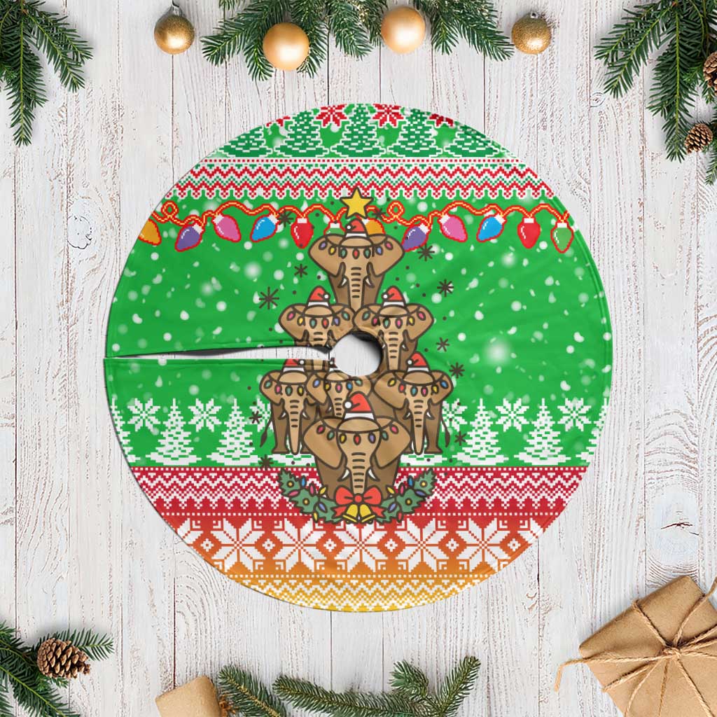 Mali Christmas Tree Skirt with Cartoon Elephant Pyramid Snowflakes and Holiday Lights - Wonder Print Shop