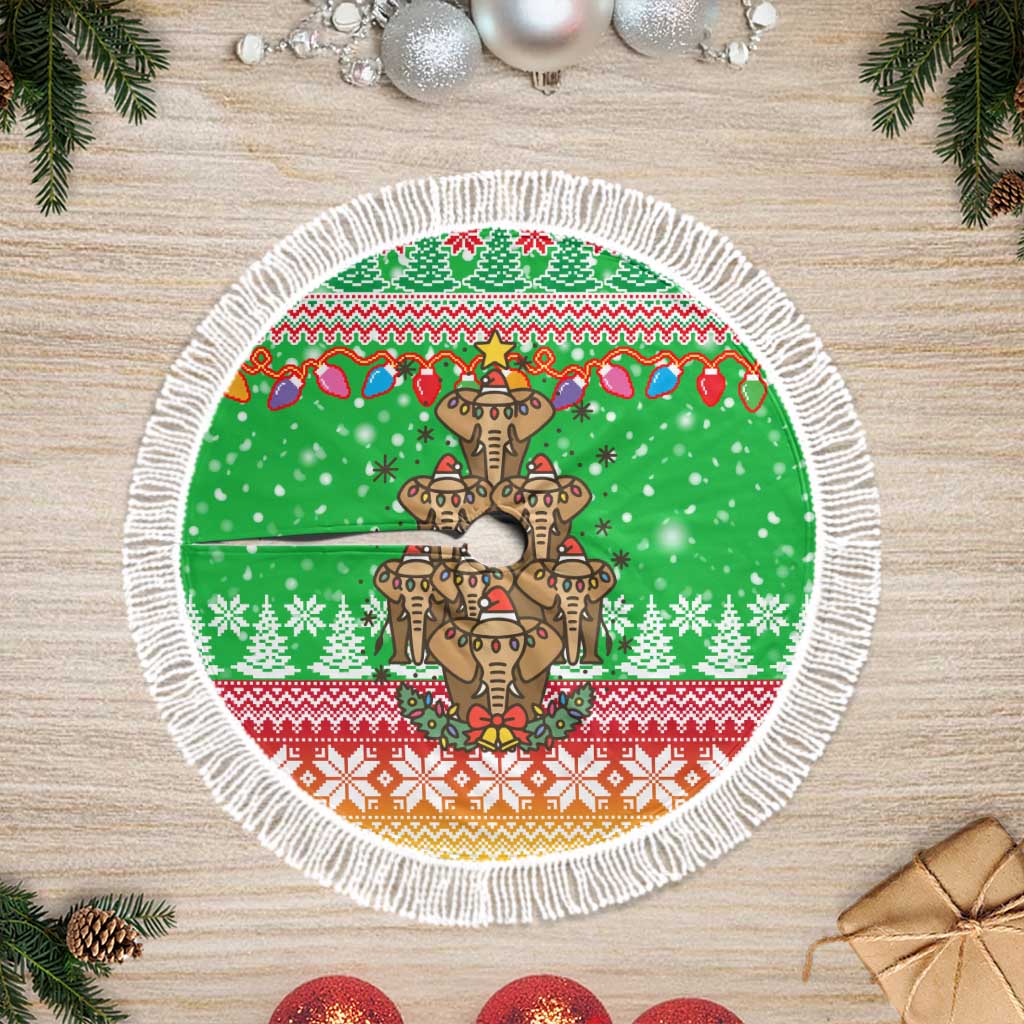 Mali Christmas Tree Skirt with Cartoon Elephant Pyramid Snowflakes and Holiday Lights - Wonder Print Shop