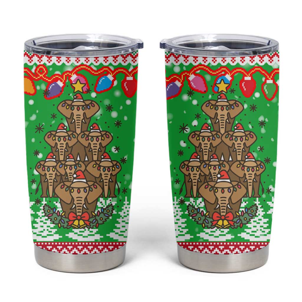 Mali Christmas Tumbler Cup with Cartoon Elephant Pyramid Snowflakes and Holiday Lights - Wonder Print Shop