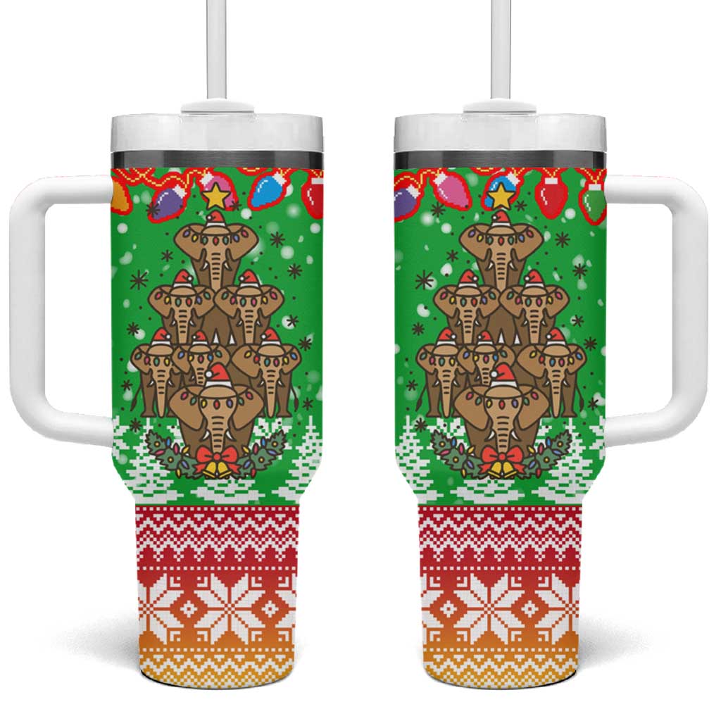 Mali Christmas Tumbler With Handle with Cartoon Elephant Pyramid Snowflakes and Holiday Lights - Wonder Print Shop