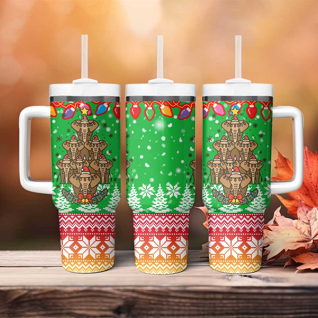 Mali Christmas Tumbler With Handle with Cartoon Elephant Pyramid Snowflakes and Holiday Lights - Wonder Print Shop