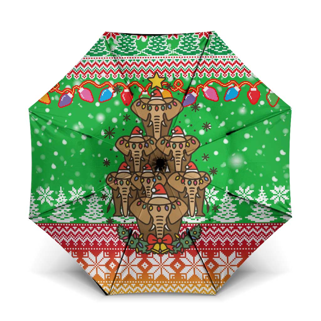 Mali Christmas Umbrella with Cartoon Elephant Pyramid Snowflakes and Holiday Lights - Wonder Print Shop