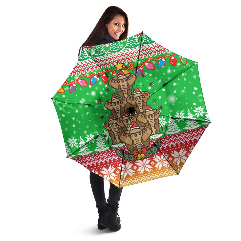 Mali Christmas Umbrella with Cartoon Elephant Pyramid Snowflakes and Holiday Lights - Wonder Print Shop