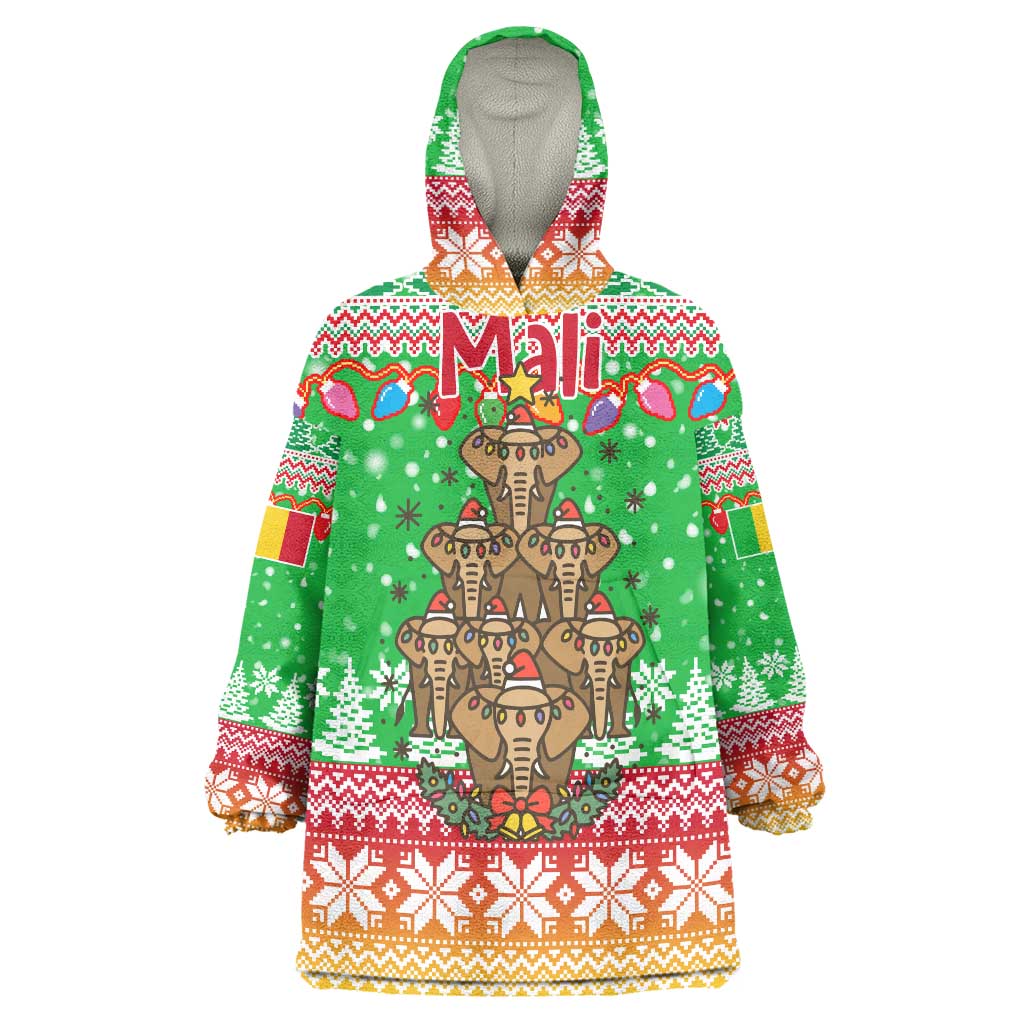 Mali Christmas Wearable Blanket Hoodie with Cartoon Elephant Pyramid Snowflakes and Holiday Lights - Wonder Print Shop