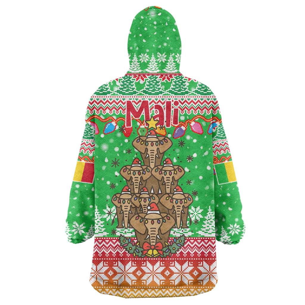 Mali Christmas Wearable Blanket Hoodie with Cartoon Elephant Pyramid Snowflakes and Holiday Lights - Wonder Print Shop