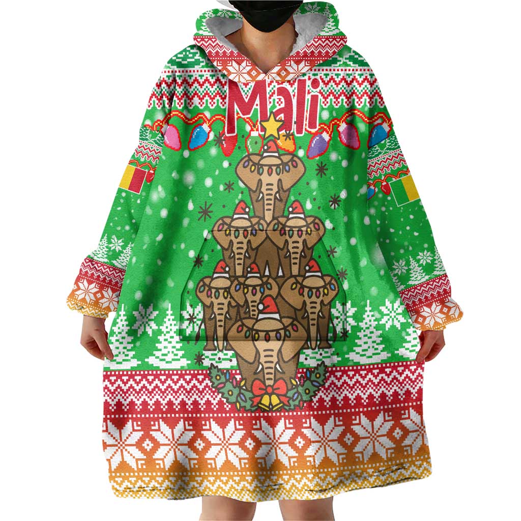 Mali Christmas Wearable Blanket Hoodie with Cartoon Elephant Pyramid Snowflakes and Holiday Lights - Wonder Print Shop