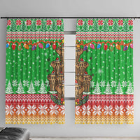 Mali Christmas Window Curtain with Cartoon Elephant Pyramid Snowflakes and Holiday Lights - Wonder Print Shop
