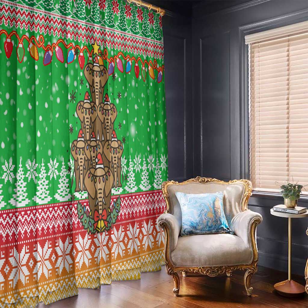 Mali Christmas Window Curtain with Cartoon Elephant Pyramid Snowflakes and Holiday Lights - Wonder Print Shop